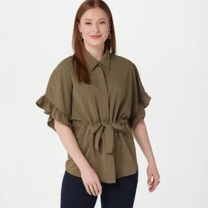 Bishop + young  olive green ruffle sleeves tie front blouse size S New with tags